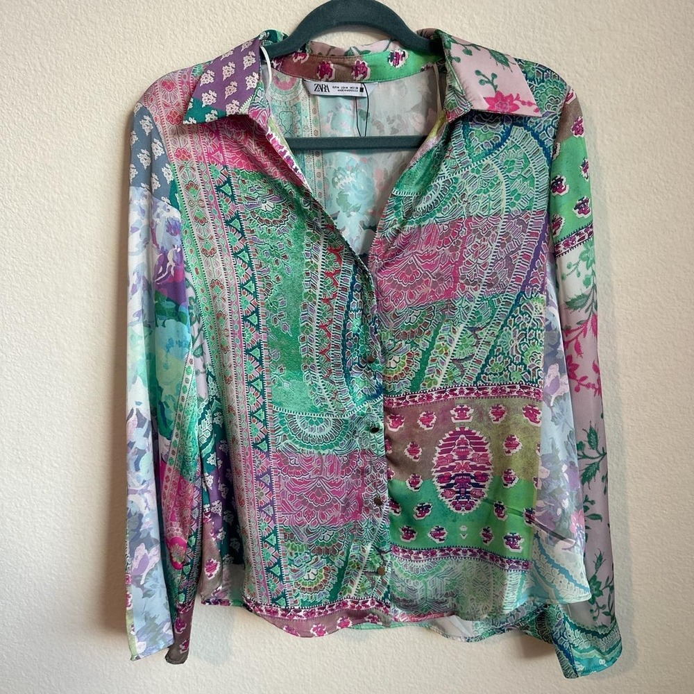 silky flowy Zara button up top Paisley patchwork print